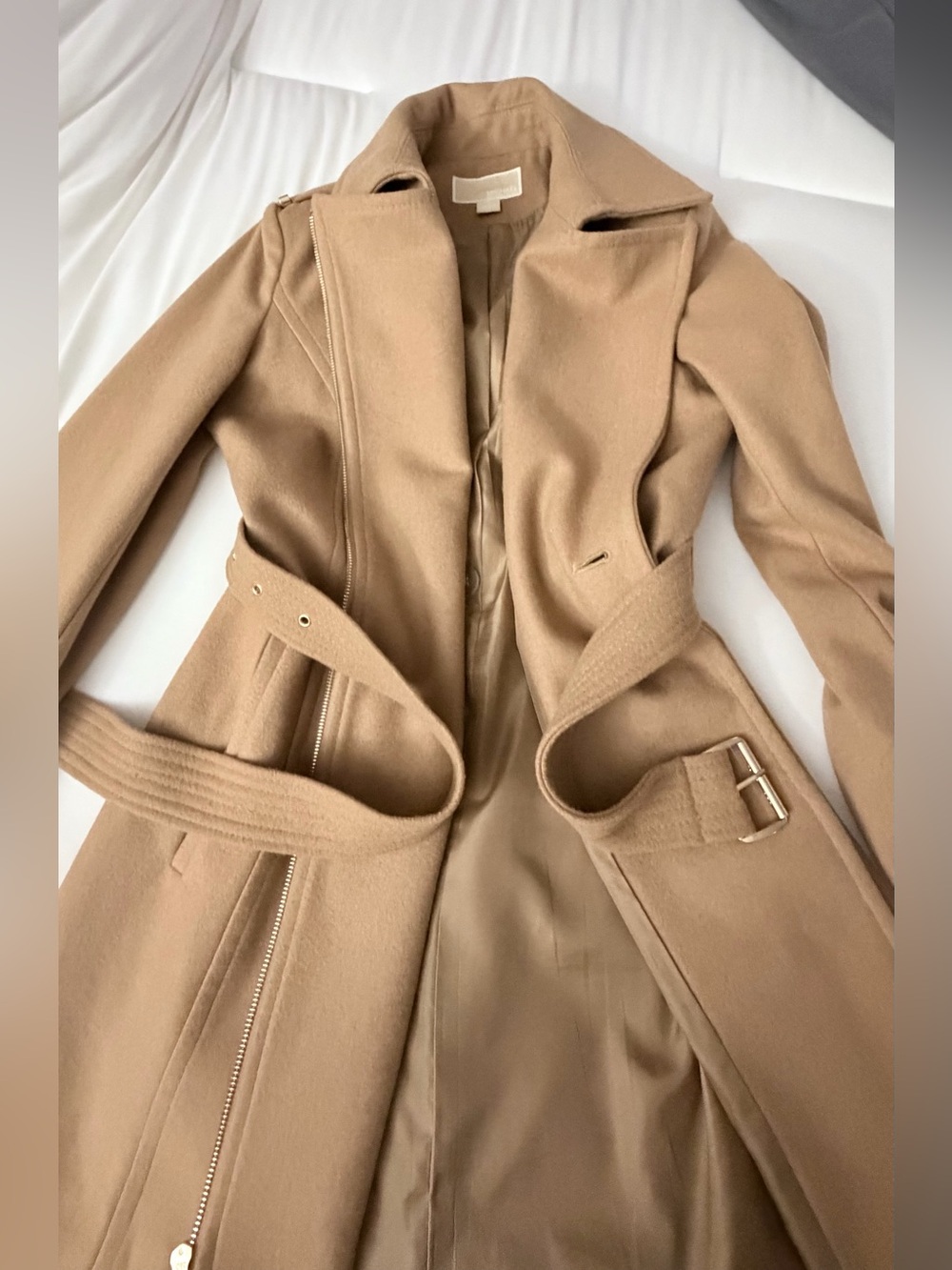 Womens Camel Belted Wool-Blend Michael Kors coat